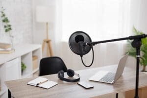 WFH setup featuring commercial-brand microphone and headset.