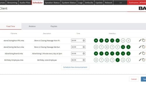Screenshot of Barix playback scheduler for IPAC family of decoders and encoders.