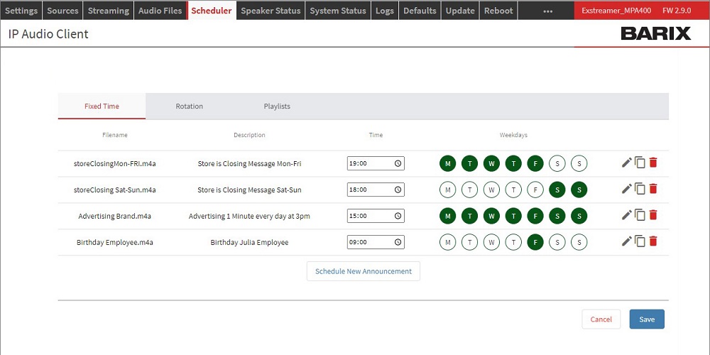 Screenshot of Barix playback scheduler for IPAC family of decoders and encoders.