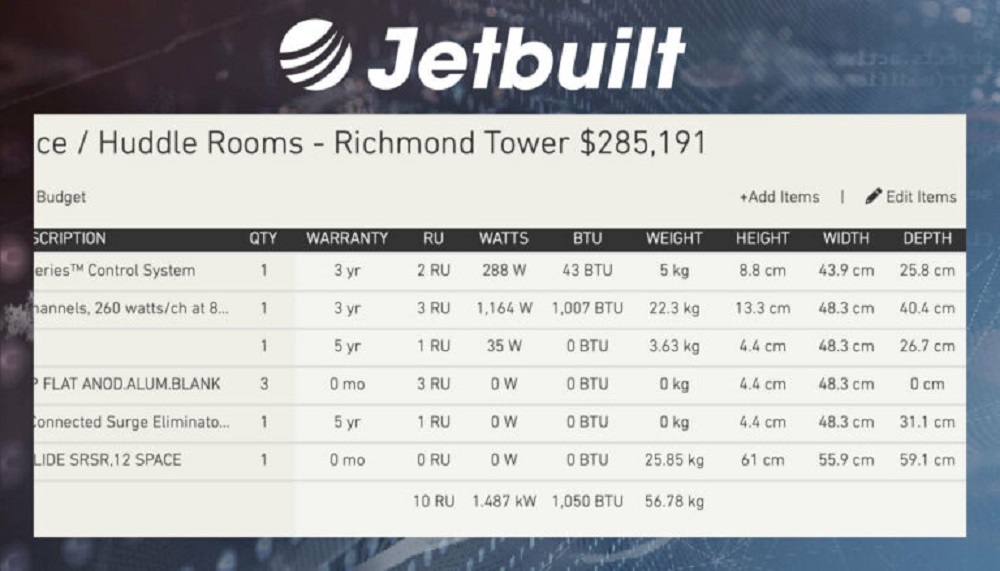 Screenshot of Jetbuilt technical data fields.