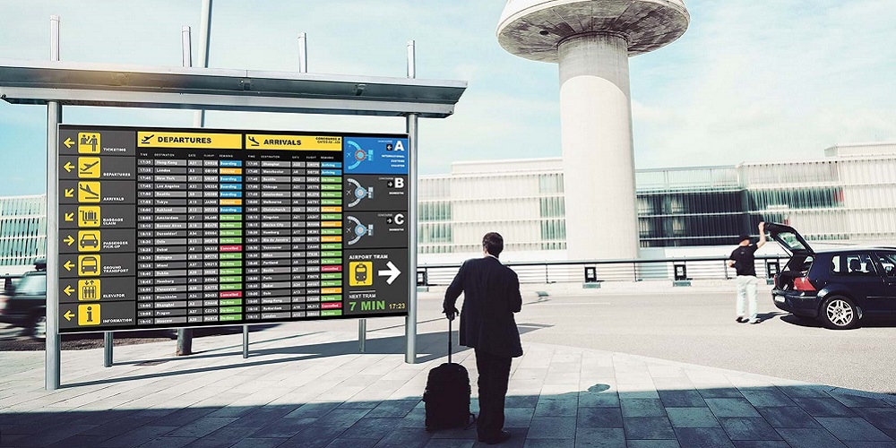 Mockup of Planar Luminate Ultra series showing airline information at airport.