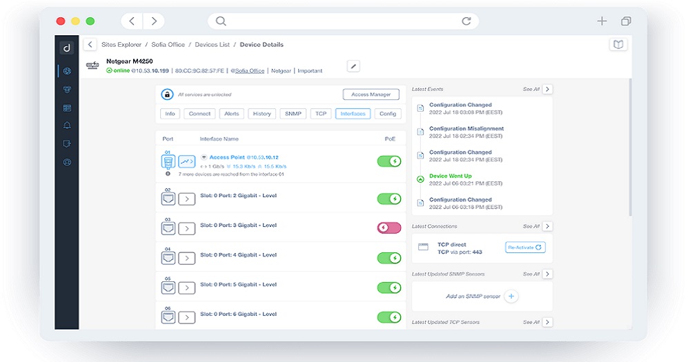 Screenshot of NETGEAR switch control on the Domotz app.