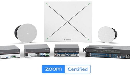 Extron products including audio processors, speakers and amplifiers with Zoom Certified logo.