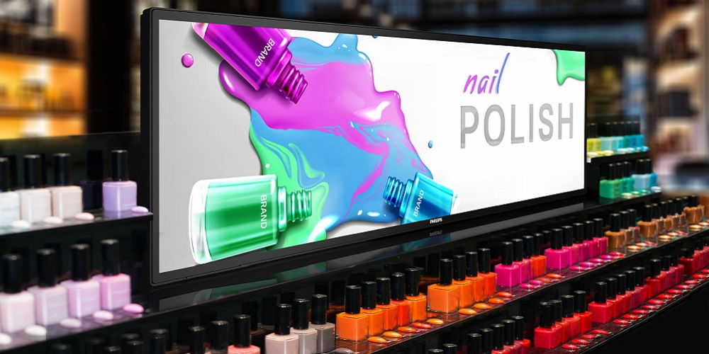 Mockup of PPDS Philips S-Line in a drugstore showing a nail polish ad.