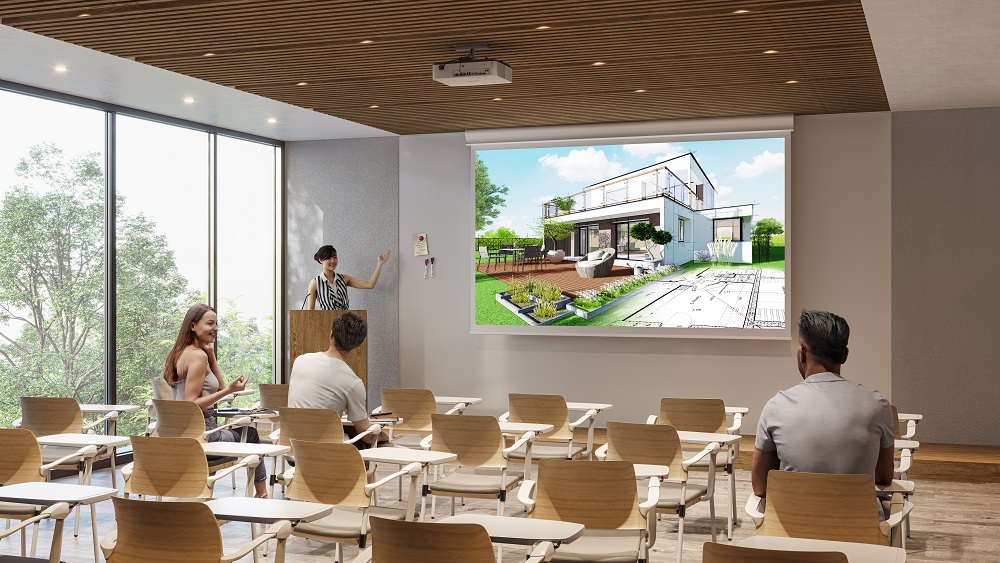 Mockup of Sony's LCD projectors in a classroom.