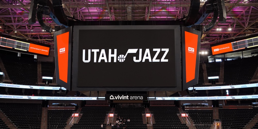 NBA's Utah Jazz logo on Absen LED display in Vivint Arena.