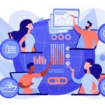Vector of four people handling global supply chain and procurement in the AV industry.