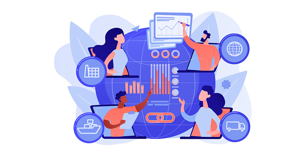 Vector of four people handling global supply chain and procurement in the AV industry.