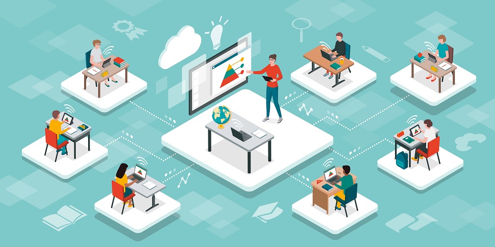 Vector of virtual classroom where students are using videoconferencing technology while professor is using a whiteboard manager.