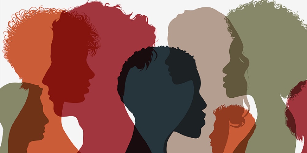 Multicolored silhouettes of side profiles.