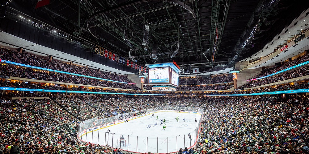Minnesota Wild NHL Arena with Meyer Sound PANTHER loudspeakers hanging overhead.