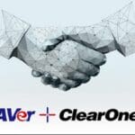 Two hands shaking to symbolize partnership with ClearOne and AVer's logos below.