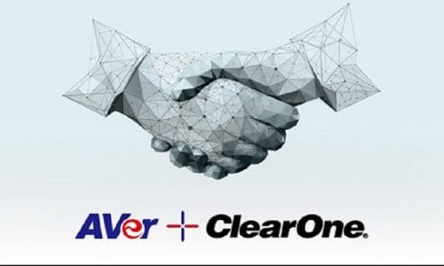 Two hands shaking to symbolize partnership with ClearOne and AVer's logos below.