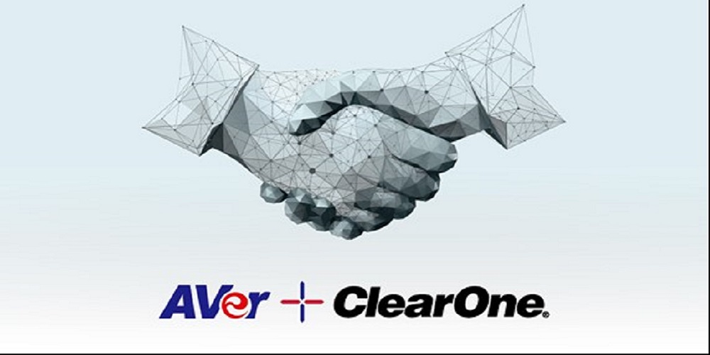 Two hands shaking to symbolize partnership with ClearOne and AVer's logos below.