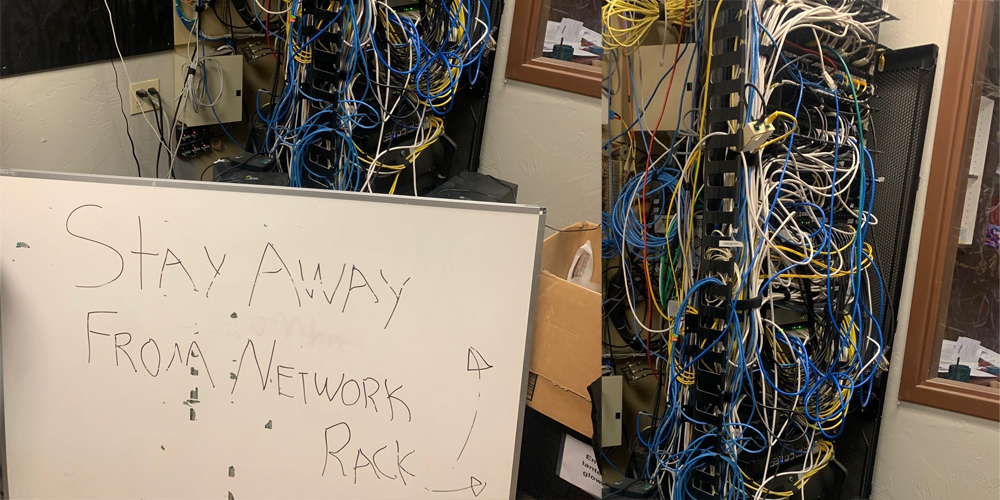 tangled wire rack with sign that says stay away as an example of best #AVFail.