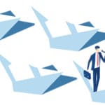 Isometric businessman with telescope floats on a paper boat and leads a group of other paper boats. Business concept leader and team