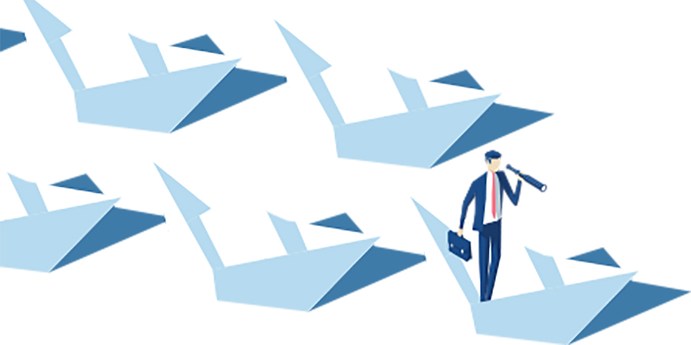 Isometric businessman with telescope floats on a paper boat and leads a group of other paper boats. Business concept leader and team