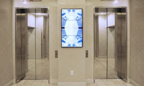 inside the lobby at Real Condominium Association in Atlanta utilizing TK Elevator and Loupe visual content streaming platform