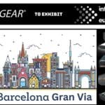 BZBGEAR and ISE poster. On the left is a graphic of Fira Barcelona Gran Via while on the right is BZBGEAR's lineup of solutions.