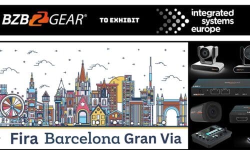 BZBGEAR and ISE poster. On the left is a graphic of Fira Barcelona Gran Via while on the right is BZBGEAR's lineup of solutions.
