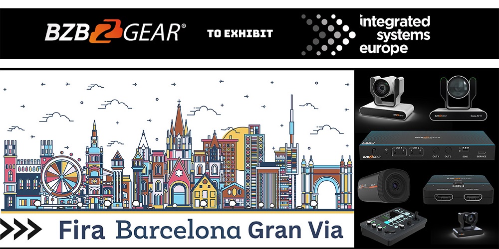 BZBGEAR and ISE poster. On the left is a graphic of Fira Barcelona Gran Via while on the right is BZBGEAR's lineup of solutions.