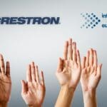 Crestron and ISE logos placed above raised hands.