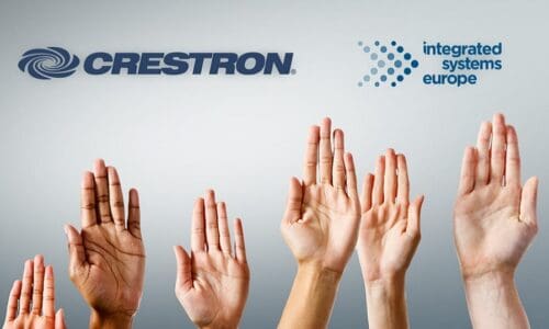 Crestron and ISE logos placed above raised hands.