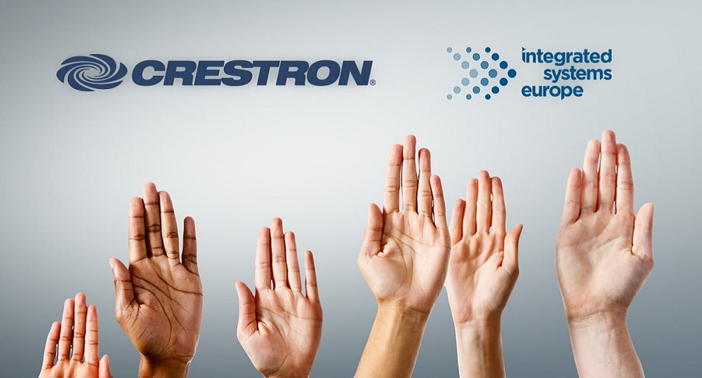 Crestron and ISE logos placed above raised hands.