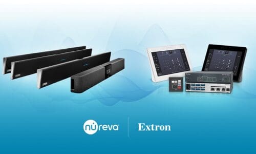 Photo of Nureva audio systems and Extron control processors.