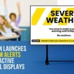 Poster for Rise Vision's new feature. The background features blurred students while the foreground features a display showing a severe weather alert.