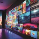 Videowalls with multimedia images and digital signage content on different LCD screens.