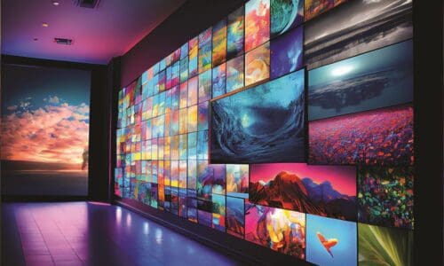 Videowalls with multimedia images and digital signage content on different LCD screens.