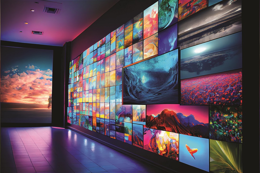 Videowalls with multimedia images and digital signage content on different LCD screens.