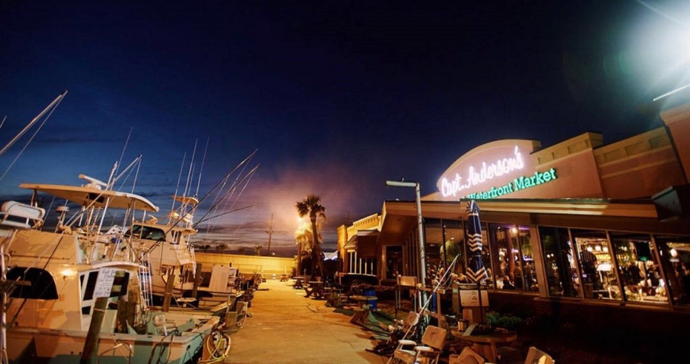 View of Captain Anderson's restaurant at night.