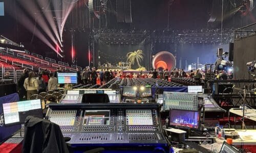 View of DiGiCo Quantum consoles set up for the 65th Grammys.