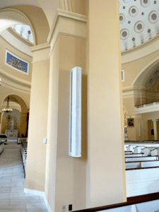 Renkus-Heinz ICONYX speakers on church wall of Baltimore Basilica.