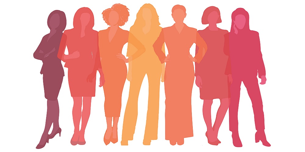 Silhouettes of women leaders in shades of orange, red and yellow.