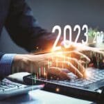 market trends for 2023, Businessman calculating financial data for long term investments. Analytical businessman planning business growth 2023 with future economic growth arrow