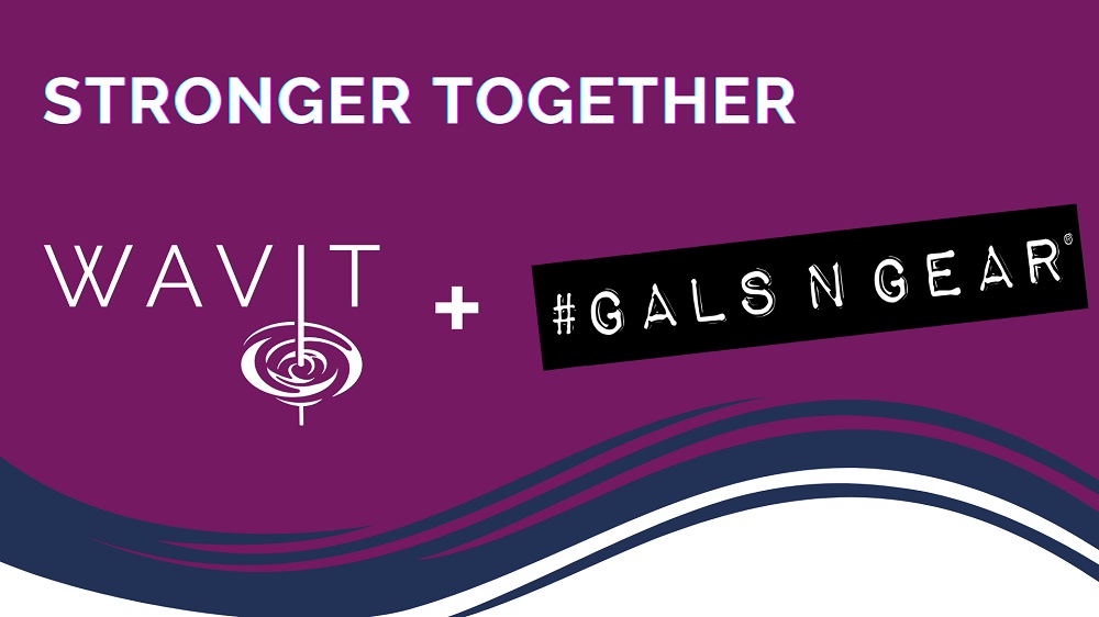 WAVIT and#GALSNGEAR logos with a slogan above, "Stronger Together."