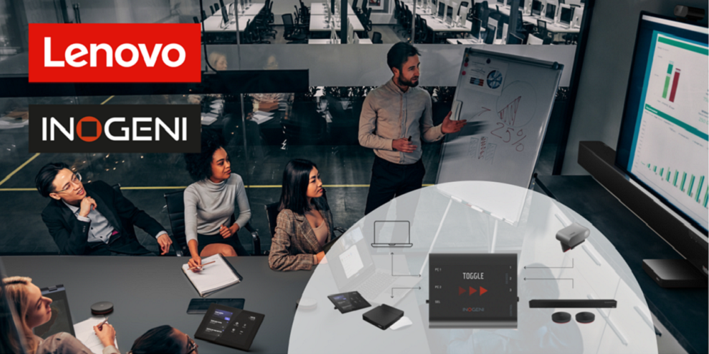 People in a conferencing room with the logos of Lenovo and INOGENI placed on the upper-left corner.