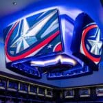 SNA Displays' LED display at Nationwide Arena with Blue Jackets logo.