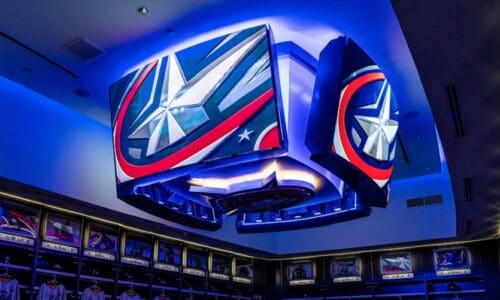 SNA Displays' LED display at Nationwide Arena with Blue Jackets logo.