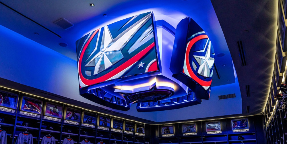 SNA Displays' LED display at Nationwide Arena with Blue Jackets logo.