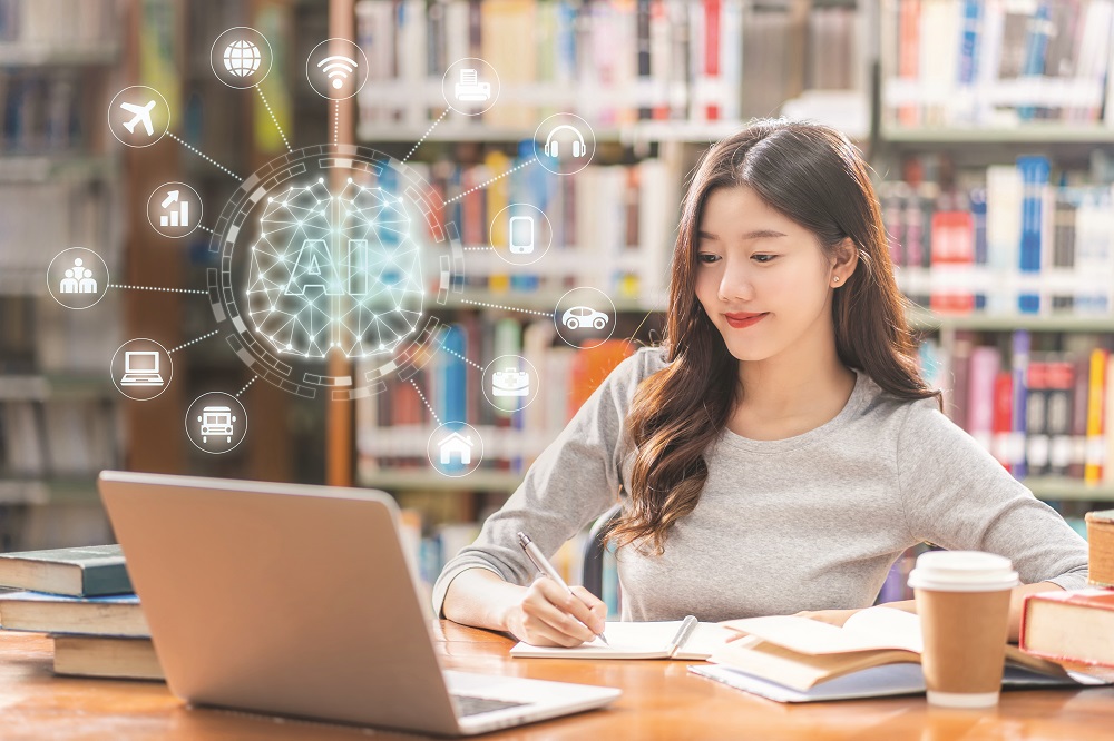 Polygonal brain shape of an artificial intelligence with various icon of smart city Internet of Things Technology over Asian young Student using technology laptop in library of university, higher education