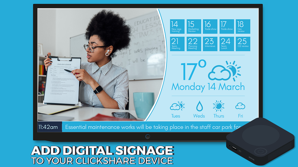 Signagelive digital signage platform example of weather on display with Barco ClickShare