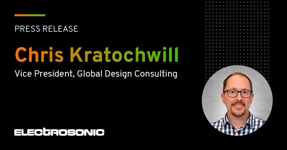 Poster of Chris Kratochwill as Electrosonic VP of global design consultancy.