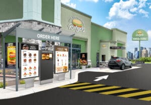 Horizontal shot of a new fast food restaurant drive thru under construction.