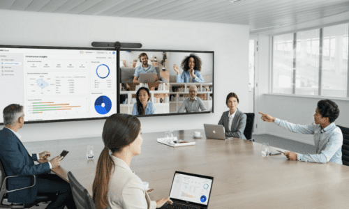 Rendering of Barco XMS Cloud Platform in use in a conference room.