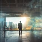 Multiple exposure of office buildings, exteriors and architecture reflecting the fast-paced business atmosphere in an ever-evolving and changing business world. Generative AI