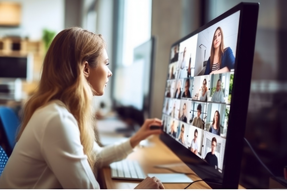 A woman on a videoconference call, AI, videoconferencin, BYOD, video meeting